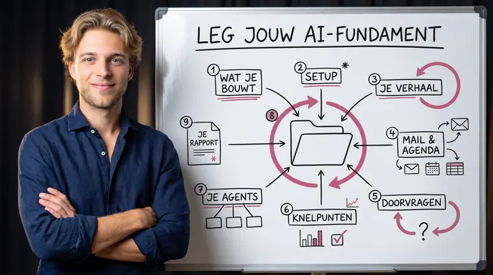 De cover van de lesreeks op Skool: een whiteboard met de negen stappen naar je AI-fundament.